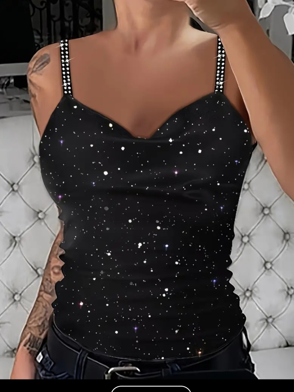 Rhinestone Strap Black Star-Print Cowl Neck Camisole
